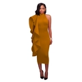 Detail of elegant mustard yellow cocktail dress with dramatic ruffle and high neckline - Yellow Orange