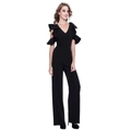 Elegant black jumpsuit with deep V-neck and layered ruffle sleeves in wide-leg style - S / Black