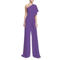 Detail of elegant purple one-shoulder jumpsuit with ruffled cape sleeve and high waist cut - Purple