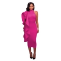Detail of elegant magenta bodycon dress featuring dramatic side ruffle and high neckline - Magenta