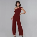 Elegant wine red one shoulder jumpsuit with ruffle details and high waist wide legs - S / Burgundy
