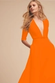 Elegant deep V-neck midi dress in vibrant orange with mid-length sleeves and slim waist belt - S / Orange