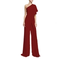 Close-up of elegant burgundy one-shoulder jumpsuit with layered ruffle shoulder details - Burgundy