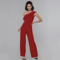 Detailed close-up of dark red one-shoulder ruffle design on an elegant wide-leg jumpsuit - S / Red