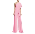 Detailed view of pink one-shoulder jumpsuit with ruffled sleeve and wide-leg trousers - Pink