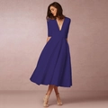 Elegant royal blue deep V-neck midi dress with half sleeves and a flared A-line skirt - Navy Blue