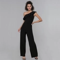 Detail of the ruffle shoulder design and tailored waist on this black one-shoulder jumpsuit - S / Black
