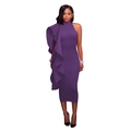 Detail of elegant dark purple midi dress featuring sculptural ruffled shoulder accents - Purple