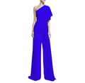 Close-up of royal blue one-shoulder jumpsuit with draped sleeve and wide leg design - S / Blue
