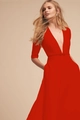 Elegant red V-neck mid-sleeve evening gown with a beaded waist and A-line skirt - S / Red