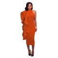 Detail of vibrant orange slim-fit dress with ruffled tiered layers and high neckline - Orange