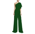 Detail of elegant dark green one-shoulder jumpsuit with draped cape sleeve and wide legs - Green