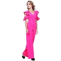 Elegant deep V-neck jumpsuit in bright fuchsia with tiered ruffle sleeves and wide-leg cut - S / Rose Red