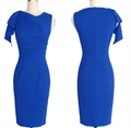 Royal blue bodycon midi dress with ruffled one-shoulder neck and pleated waist details - S / Blue