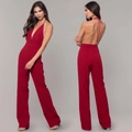 Front and back detail of a deep V-neck backless wide-leg red formal jumpsuit for women - S / Burgundy
