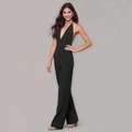 Elegant black halter neck wide leg jumpsuit with deep V-neck and open back design - S / Black