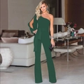 Elegant one-shoulder wide-leg jumpsuit in dark green with long slit sleeve and waist tie - Dark Green