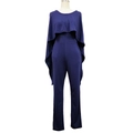 Elegant navy blue wide leg jumpsuit with chic cape sleeve design on white background - Navy Blue