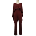 Detail of burgundy cape-style jumpsuit showing the elegant shawl neckline and slim fit design - Burgundy