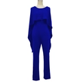 Detail of royal blue jumpsuit featuring an elegant cape overlay and high-waist straight fit - Blue