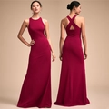 Elegante abito da sera fucsia lungo con scollo all'americana e schiena scoperta incrociata - S / Borgogna