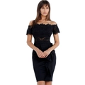Elegant black lace off-shoulder cocktail dress with stylish waist ruffle detail - S / Black