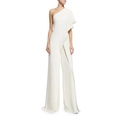 Elegant white one-shoulder wide-leg jumpsuit with asymmetric draped cape detail - S / White