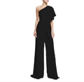 Elegant black one-shoulder wide-leg jumpsuit featuring stylish ruffle sleeve detail - S / Black