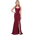 Elegant wine red halter neck evening dress with mermaid silhouette and high slit - S / Burgundy