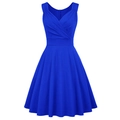 Detail of royal blue sleeveless cocktail dress with V-neck cross design and A-line skirt - Blue