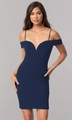 Close-up of navy blue bodycon dress featuring off-the-shoulder straps and deep V-neckline - Navy Blue