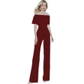 Detail of burgundy off-shoulder jumpsuit with ruffled neckline and wide leg cut - Burgundy