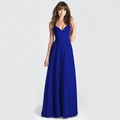 Elegant royal blue V-neck maxi dress with spaghetti straps and a flowing A-line silhouette - Blue