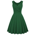 Retro dark green sleeveless cocktail dress with V-neckline and high waist A-line skirt - Green