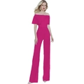 Detail of rose red off-shoulder jumpsuit with layered ruffles and wide leg cut - Magenta