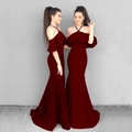 Eleganter burgunderroter Maxikleid mit schulterfreien Rüschen und Meerjungfrau-Saum - S / Burgunderrot