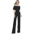 Elegante tuta nera con spalle scoperte, scollo a balze e gamba larga per donna - S / Nero
