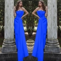Detail of elegant royal blue strapless jumpsuit evening gown with floor length silhouette - Blue