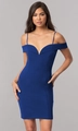 Detail view of royal blue bodycon evening dress with thin straps and deep V-neckline - Blue