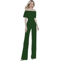 Dettaglio elegante tuta verde scuro con spalle scoperte, vita stretta e gamba ampia - S / Verde