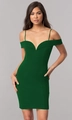 Detail of elegant dark green bodycon evening dress with deep V-neck and spaghetti straps - S / Green