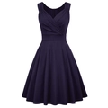 Detail of vintage navy blue sleeveless cocktail dress with pleated V-neck and A-line waist - Navy Blue