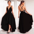 Elegante abito da sera nero con scollo a V, orlo asimmetrico e schiena scoperta stringata - S / Nero