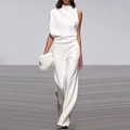 Elegant white one-shoulder jumpsuit with draped neckline and wide-leg trousers for women - S / White