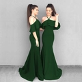 Dunkelgrünes Meerjungfrau-Abendkleid mit Neckholder, Rüschenärmeln und langem Fischschwanz - S / Grün