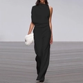 Elegant black one-shoulder jumpsuit with asymmetric draped neckline and wide-leg trousers - S / Black