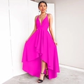 Abito da sera rosa fucsia con scollo a V, spalline sottili e gonna asimmetrica a balze - S / Rosa Rossa