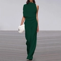 Detail view of dark green sleeveless jumpsuit featuring a high neck and wide-leg design - Dark Green