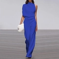 Close-up of royal blue jumpsuit featuring an asymmetrical high neck and wide-leg design - Blue