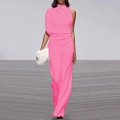 Detail of neon pink one-shoulder jumpsuit with draped neck and wide-leg trousers - Pink